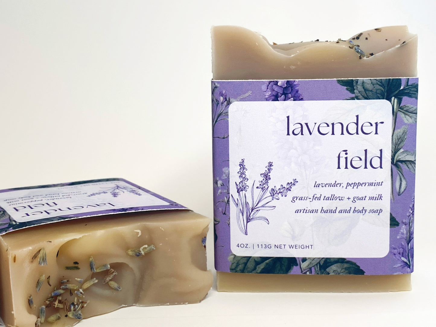 two bars of lavender field soap against a white backdrop