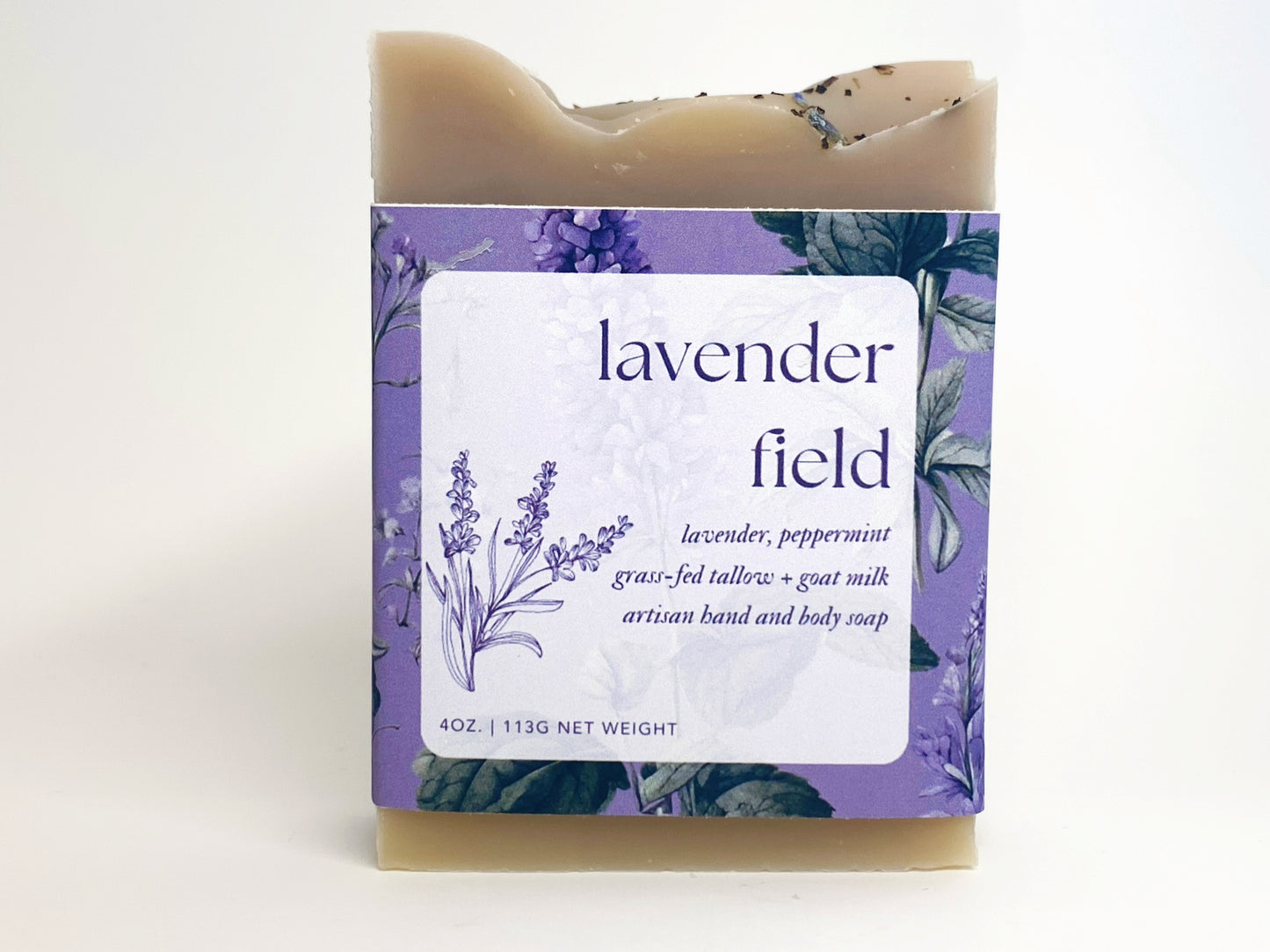 bar of lavender field soap against a white backdrop